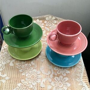 Fiestaware Green, Pink, Blue, and Light Green Ceramic Cup and Saucer Set